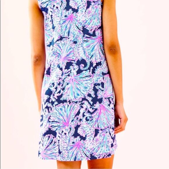 Lilly Pulitzer Luella Deep Sea Navy Blue and Pink Shells Bells Midi Dress, Small - Picture 3 of 6